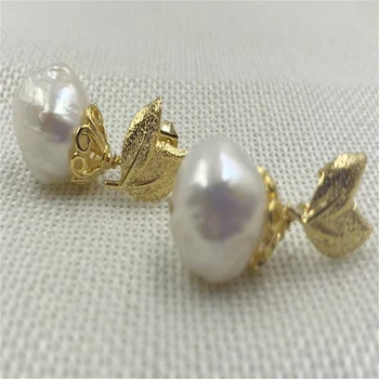 13-kaip 14mm balta baroko perlų auskarai 18K gamtos dangler Aukso kabliukai AAA earbob kreminės lapų Prabangių pietų jūros