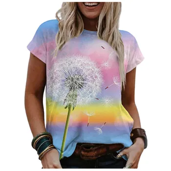 2021 Karšto Pardavimo Ponios Akvarelė Gradientas T-shirt O-Kaklo trumpomis Rankovėmis Viršų 3D Kiaulpienių Ponios Viršų Plius Dydis Viršų