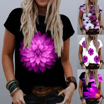 2021 M. Vasarą Naujosios Ponios Gėlių Spausdinti, O Kaklas Trumpas Rankovės Marškinėliai Atsitiktinis Mados Plius Dydis Blusas Mujer Camisetas Moterų Drabužiai