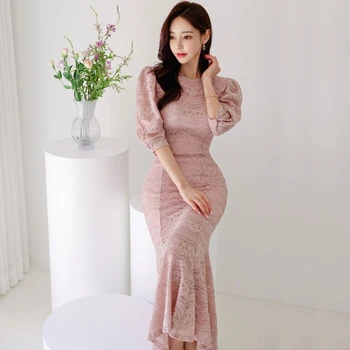 2021 M. Vasarą Naujų Korėjos Ilgai Sluoksniuotos Pusė Rankovės Plonas Nėrinių Suknelė Slidinėti Moterims Seksualus Vestido Feminino