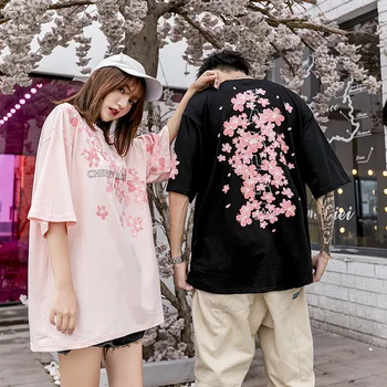 2021 Medvilnės Marškinėliai Japonų Gatvės Harajuku Streetwear Rožinė Vyšnių Žiedų Hip-Hop T-Shirt Vyrai, Poros Mados Viršūnes Tees