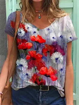 2021 Moterų Mados Vasaros 3D Marškinėlių Spalvos, Seksualus Plius Dydis Gėlių Spausdinti Atsitiktinis Palaidų Vintage Mados Tees Viršūnes Trumpas Rankovės