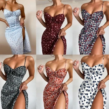 2021 Naujas Vasaros Moterų Gėlių Diržas Dress Kostiumai Mergaičių Backless Seksualus, Elegantiškas Padalinta Maxi Ilgio Suknelės Moteriška Šalis Klubo Pub