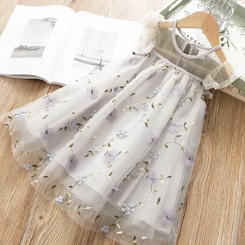 2021 vasaros nauja vaikų gėlių Siuvinėjimas nėrinių tinklelio suknelė mergina kūdikio gimtadienio vakarėlio Princesė Žakardo Suknelė