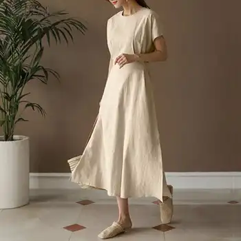 2021 Vasaros Vintage Suknelė ZANZEA Moterų-line Maxi Vestidos Atsitiktinis, Kietas Tvarstis Ilgai Sundress Ponios O-kaklo Skraiste