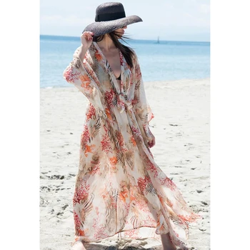 2021 Šifono Boho Suknelė Plius dydis Paplūdimio Kimono Kaftan Paplūdimio Priekiniai atidaryti Diržo Paplūdimio Cover up Skraiste Plage maudymosi kostiumėlį Padengti iki