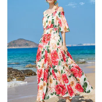 2021summer naujas Paplūdimio Stiliaus diržas spausdinimo didelis sūpynės, Elastinės Juosmens suknelė moterų suknelė su juosmens stebėjimo saldus spausdinti suknelė