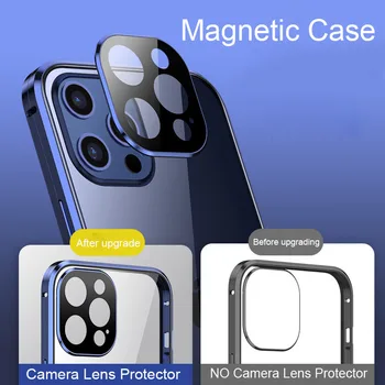 360 Magnetinio Adsorbcijos Metalo Atveju iPhone, 12 Mini 12 11 Pro XR X XS Max Dvipusis Stiklo danga Fotoaparato Objektyvas Gynėjas Filmas