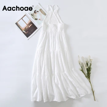 Aachoae Vasaros Elegantiškos Linijos Baltos Medvilnės Midi Suknelė Moterims Siuvinėjimo Tuščiaviduriai Iš Moterų Suknelės Rankovių Backless Sundress