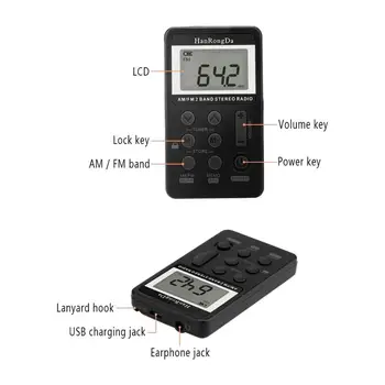 AM, FM Stereo Radijas Nešiojamas Mini Digital Tuning USB garso valdymas Radijo Dažnio Su skystųjų KRISTALŲ Ekranas Virvelę ir Ausines
