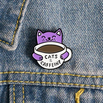 Animacinių filmų mielas gyvūnas katė emaliuota segė violetinė kavos puodelio pin lydinio ženklelis moteris, papuošalai, drabužiai, krepšiai, aksesuarai dovanos draugams