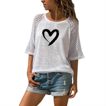 Atvykimo T-Marškinėliai Moterims Meilės Formos Raidės Spausdinti Nėrinių Įgulos Kaklo Marškinėliai T-Shirt Moterų Viršūnių Harajuku Tumblr Nuo Peties