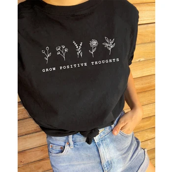 Augti Teigiamas Mintis T-shirt, Derliaus Moterims Gėlių Spausdinti Marškinėlius Vasaros Įkvėpė Šūkis Grafinis Boho Tee Viršuje Psichikos Sveikatos Marškinėliai