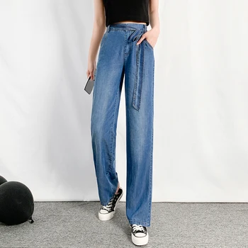 Aukštos Juosmens moteriškos Kelnės-Plonos Tencel Medvilnės Džinsinio audinio Laisvi Streetwear Jean Vintage Džinsai Moteris Kelnės Plačios Kojos Tiesios Femme