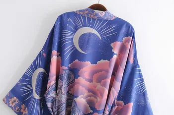 Boho Derliaus Viršūnes Mėlynos Spalvos Gėlių Spausdinti Cardigan Varčias Moterų Bohemijos V Kaklo Batwing Rankovėmis Happie Trumpas Chalatas Kimono 2021