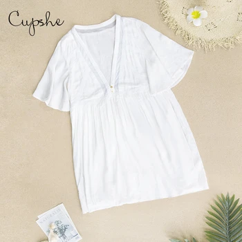 CUPSHE vientisos Baltos V-kaklo, Alkūnės, Movos Mini Suknelė Moteris Medvilnės Atsitiktinis Palaidų Suknelė 2021 Nauja Merginų Vasaros Sundress Vestidos