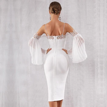 Didmeninė 2019 Naujas moters suknelė Seksualus Blyksnius Rankovės Baltos spalvos Nėrinių Midi Suknelė įžymybė kokteilis tvarstis suknelė