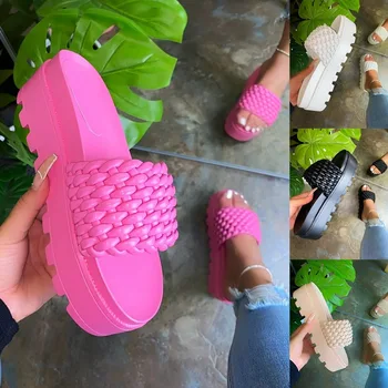 Dihope Moterų Sandalai, Šlepetės 2021 M. Vasaros Naujo Stiliaus Mados Storio-Soled Butas vientisos Spalvos Medvilniniai Patalpų Šlepetės