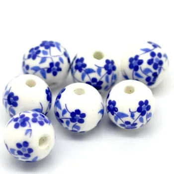 DoreenBeads 12mm Keramikos Karoliukai, Apvalūs White&Blue Flower 