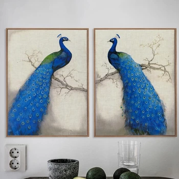 Drobė, Tapyba Retro Stiliaus Blue Peacock Stovi Ant Medžio, Drobės Meno Tapybos Spausdinti Plakato Nuotrauką Sienos Elegantiškas Namų Dekoro