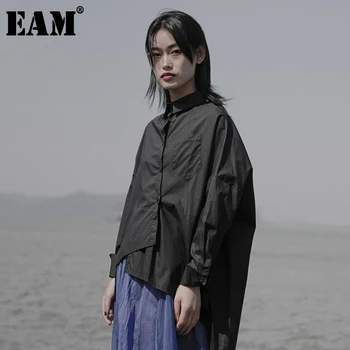 [EAM] Moterys, Juoda Asimetriškas Mygtuką didelio Dydžio Palaidinė Naujas Atvartas ilgomis Rankovėmis Loose Fit Marškinėliai Mados Pavasario Rudens 2021 JS92101