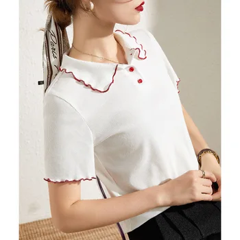 Ediwallen korėjos Versija Moterų Drabužiai Su Mediniais Ausies Krašto Polo Apykakle trumpomis Rankovėmis T-shirt Apačios į Viršų Moterų Megztinis
