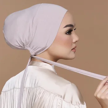 Elastinga Reguliuoti Vidinį Hijabs Dangtelis Su Kaklaraištis Virvę Paprasto Islamo Moterų variklio Dangčio Modalinis Jersey Turbanet Musulmonų Turbaną Hejab Underscarf