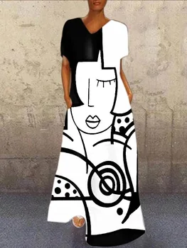 Elegantiškas Ponios Abstraktus Mergina, Spausdinta Šalies Atsitiktinis Suknelės Trumpomis Rankovėmis V-Kaklo Ilgio Suknelės Vasarą Laisvi Plius Dydis Aline Suknelės