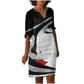 Elegantiškas Ponios Abstraktus Mergina, Spausdinta Šalies Atsitiktinis Suknelės Trumpomis Rankovėmis V-Kaklo Suknelės Vasarą Laisvi Plius Dydžio Tiesių Suknelė