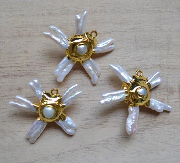 Gamtos Gėlavandenių Perlų pakabukas Su Aukso Electroplated papuošalai priėmimo, balta Perlų Karoliukai, Metalinės