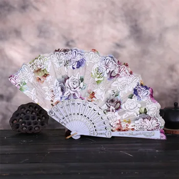 Gėlių Gerbėjų Rose įdegio Nėrinių Kinų Stiliaus Vestuvių Lankstymo Retro Šilko Ventiliatorius Šokių Apdailos Šaliai, Laikomi rankoje Gėlių Gerbėjų abanico
