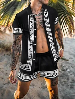 Havajų Mens Spausdinimo Juostelė Atitikimo Rinkinys Trumpomis Rankovėmis Mygtuką Atsitiktinis Marškinėliai +Paplūdimio Šortai SuitsTwo Dalių Kostiumą Mados Vyrų Rinkiniai