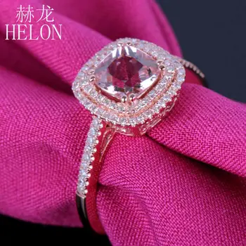 HELON Kietas 10K Rose Gold Pagalvėlė 6mm Originali Gamtos Morganite Deimantų Madinga Fine Jewelry Dalyvavimas Vestuvinį Žiedą, Moterims, Dovana
