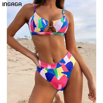 INGAGA Colorful Bikinis Sexy Women's Swimsuit High Waist Swimwear Push Up Biquini High Cut Beachwear 2021 Summer Ring Bikini Set
