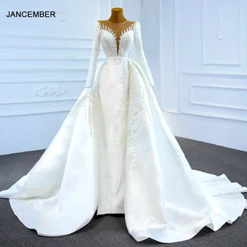 J67215 JANCEMBER Elegantiškas Balto Vestuvių Suknelės 2020 ilgomis Rankovėmis Satino Seksualus V-Kaklo Perlai Duobute-Line
