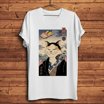 Japna Ukiyoe katė suši virėja, master juokinga marškinėlius vyrų vasara naujas baltos spalvos atsitiktinis trumpas marškinėliai unisex Ukiyo streetwear tee