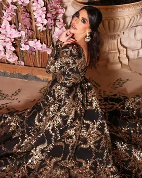 Juodojo Aukso Blizgučiai ilgomis Rankovėmis Vakare šalis Suknelė 2020 M. Saudo Arabija Dubajus Maroko Seksualus Oficialų Prom Šalies Chalatai