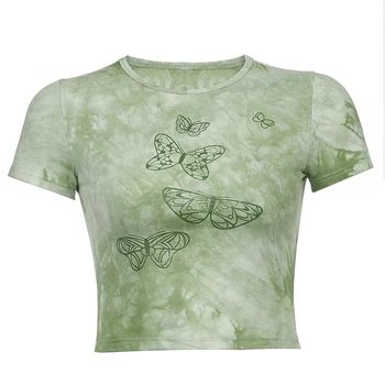 Kaklaraištis Dažų Y2K T-Shirt Moterims, Drugelis Modelio Kawaii Grafinis T Marškinėliai trumpomis Rankovėmis Apvalios Kaklo Pagrindinės Kūdikių Marškinėliai