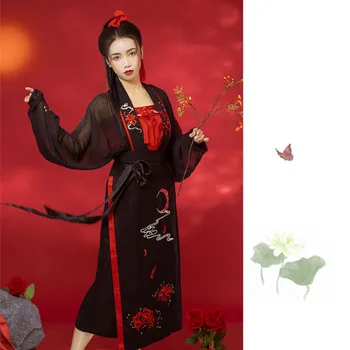 Kinijos Hanfu Suknelė Naują Siuvinėjimo Suknelė Kinijos Stilingas Kostiumas Crewneck Ilgomis Rankovėmis Moterims Hanfu Juoda Suknelė Kinų Tradicija Rinkinys