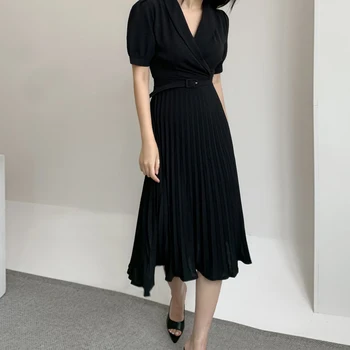 Korėjos Moteris, Plisuotos Marškinėliai Suknelė 2021 M. Vasaros Mados Šalis Atostogų Suknelė Vientisas Elegantiškas Moteris Slim V-Kaklo Trumpomis Rankovėmis Suknelė