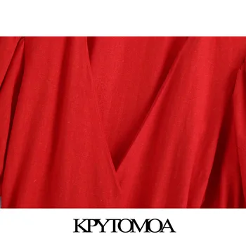 KPYTOMOA Moterų 2021 Elegantiškos Mados Kaklaraištis Diržas Wrap Lino Mini Suknelė Vintage Sluoksniuotos Rankovėmis Susiėmę Moterų Suknelės, Vestidos Mujer