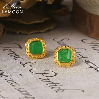 LAMOON Prabangių Senovinių Dažytos Green Jade Auskarai Moterims, 925 Sidabras Stud Auskarai 14K Auksu Fine Jewelry Motinos Dovaną LMEI098