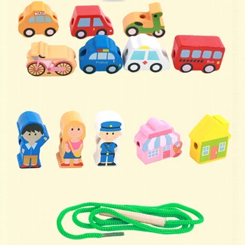 Medinių Žaislų, Animacinių filmų Gyvūnų Fram Automobilių Blokuoti Apjuostame Threading Karoliukų Žaidimas Švietimo Žaislas Kūdikiui Berniukas Mergina Vaikų Dovanų