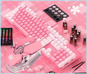 Merginos Pink Klaviatūros, Pelės Rinkiniai Tiesa Veleno Apšvietimu Punk Keycap su Žalia Ašis, Mechaninė Klaviatūra Laidinio USB 3200DPI Išjungti Pelės