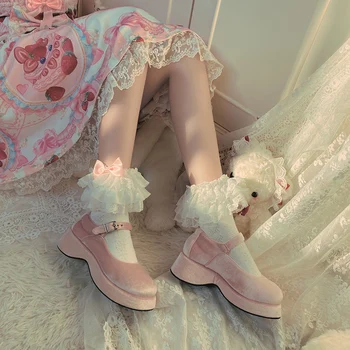 Mielas pink Lolita nėrinių nėrinių lankas medvilnės krūva kojinių pasakų nėrinių kojinės