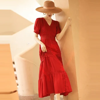 Moteriški drabužiai naujas vasaros mados v-kaklo, nėriniai kratinys suknelė trumpomis rankovėmis, derliaus paplūdimio ilgos suknelės moteris