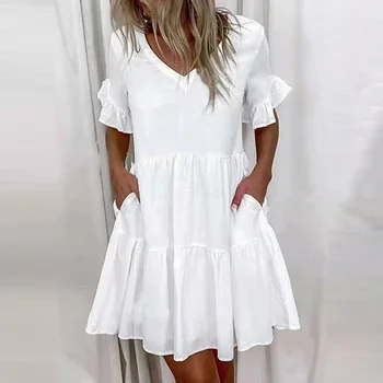 Moterų Atsitiktinis Baltas Mini Suknelės Vasaros 2021 Spausdinti Gėlių Trumpas Rankovės-Line Raukiniai Ponios Suknelė Prarasti Vestidos Naujas Sundress