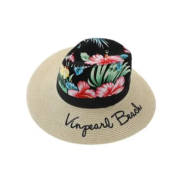 Moterų Atsitiktinis šiaudines Skrybėles Merginos Lauko Medvilnės Gėlių Spausdinti Kratinys Saulės skrybėlės Suaugusiųjų Laišką siuvinėjimo Paplūdimio Bžūp Džiazo skrybėlės