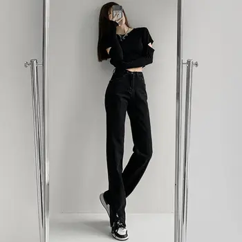 Moterų Džinsus Pavasario Streetwear Didelis Juosmens Džinsai Platūs, Kojos Ilgos Kelnės Derliaus Femme Atsitiktinis Baggy Tiesiai Mama Džinsinio audinio Kelnių
