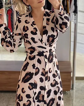 Moterų Ilgas Rankovėmis Leopardas Spausdinti Rudens Dress V-Kaklo Mygtuką Dizaino Aukštos Juosmens Maxi Suknelė
